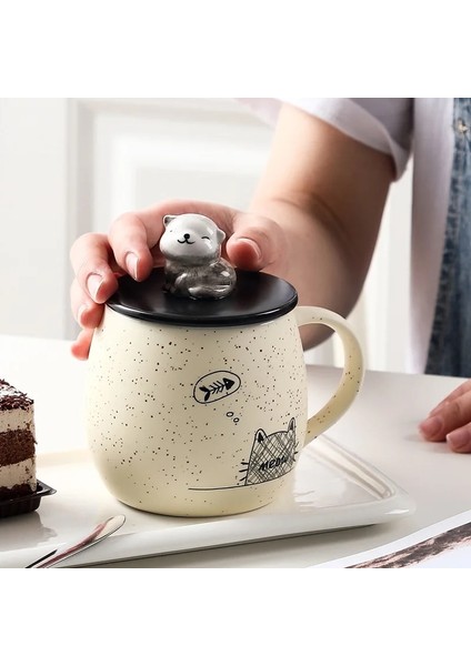 450ML Sevimli Karikatür Kedi Kahve Fincanı, Öğrenci Çift Için Küçük Hediye, Kapaklı Seramik Fincan, Kupa, Ofis Kahvesi, Süt Fincanı (Yurt Dışından)