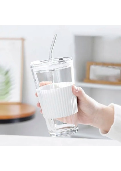 Beyaz 450ML 15OZ Cam Buzlu Kahve Fincanı Soğuk Demleme Su Bardakları Kalın Duvar Yalıtımlı Kahve Kapaklı Kupa Saman Silikon Bardak Kapağı 450ML/15OZ (Yurt Dışından)