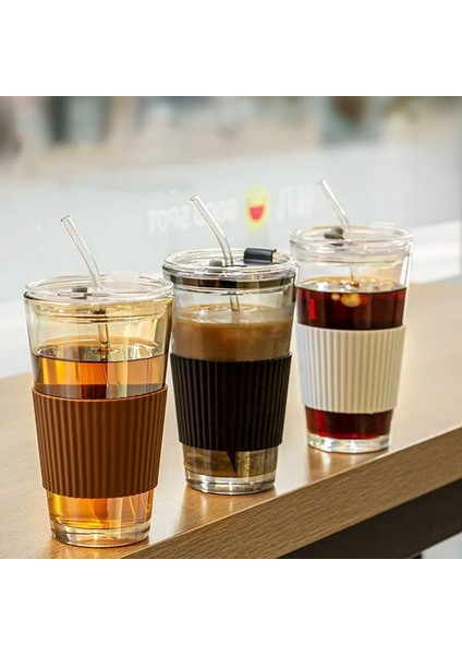Beyaz 450ML 15OZ Cam Buzlu Kahve Fincanı Soğuk Demleme Su Bardakları Kalın Duvar Yalıtımlı Kahve Kapaklı Kupa Saman Silikon Bardak Kapağı 450ML/15OZ (Yurt Dışından)