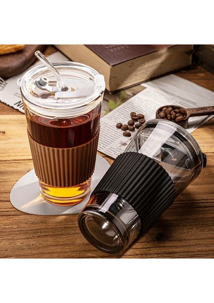 Beyaz 450ML 15OZ Cam Buzlu Kahve Fincanı Soğuk Demleme Su Bardakları Kalın Duvar Yalıtımlı Kahve Kapaklı Kupa Saman Silikon Bardak Kapağı 450ML/15OZ (Yurt Dışından)