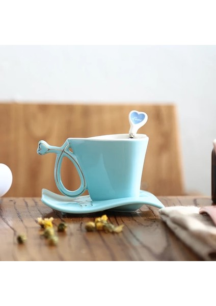 Gökyüzü Mavi 180 ml Seramik Bardak Yaratıcı Kalp Şeklinde Çift Kupa Bardak Bir Çift Avrupa Kahve Fincan Seti Düğün Hediyeleri (Yurt Dışından)