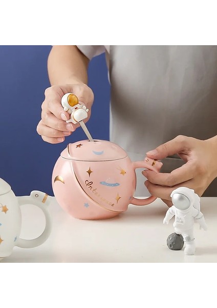 Koyu Mavi 450 ml Yaratıcı Karikatür Astronot Kupa Çift Gezegen Büyük Seramik Kupa Ofis Süt Kahve Kapaklı Fincan Estetik Kupa Seti (Yurt Dışından)