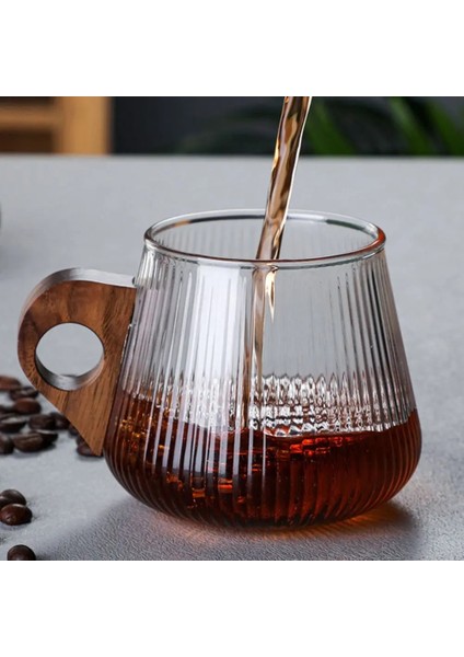 450ML Cam Kahve Kupa Japon Tarzı Cam Bardak Ahşap Saplı Dikey Çizgili Çay Süt Kupası Ev Ofis Drinkware Bira Kupası Hediye (Yurt Dışından) indirimleri