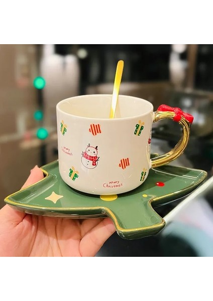 Kardan Adam 300 ml Noel Hediyesi Seramik Kahve Fincanı Su Bardağı Altın High-End Küçük Lüks Zarif Hediye Kaşıklı Fincan ve Tabak (Yurt Dışından)