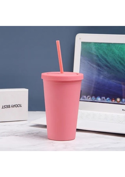 Sakura Pembe 450ML 450ML Mat Hissedilen Kahve Fincanı Gıda Sınıfı Pp Plastik Macaron Öğrenci Fincanı Şeker Renkli Su Bardağı 450ML Buzlu Plastik Pipetli Bardak (Yurt Dışından)