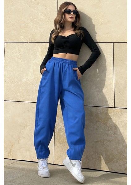 Kadın Saks Yüksek Bel, Cepli, Beli Lastikli, Salaş Gabardin Pantolon