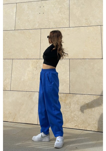 Kadın Saks Yüksek Bel, Cepli, Beli Lastikli, Salaş Gabardin Pantolon modelleri