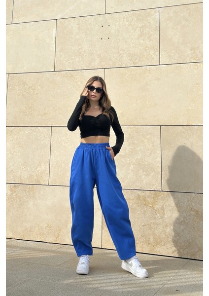 Kadın Saks Yüksek Bel, Cepli, Beli Lastikli, Salaş Gabardin Pantolon fırsatları