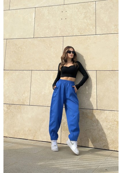 Kadın Saks Yüksek Bel, Cepli, Beli Lastikli, Salaş Gabardin Pantolon indirimleri