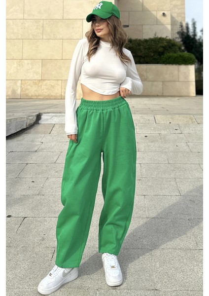 Kadın Yeşil Yüksek Bel, Cepli, Beli Lastikli, Salaş Gabardin Pantolon