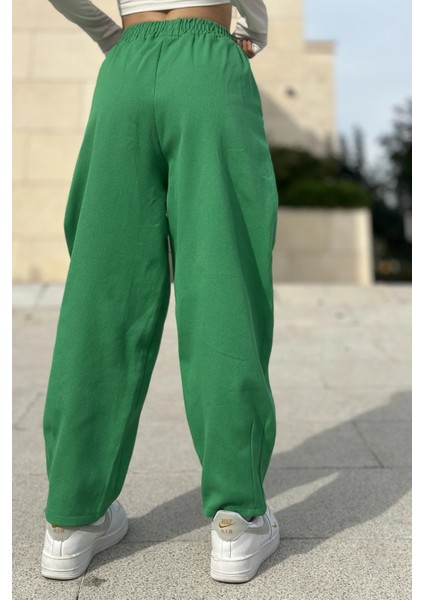 Kadın Yeşil Yüksek Bel, Cepli, Beli Lastikli, Salaş Gabardin Pantolon fiyatları