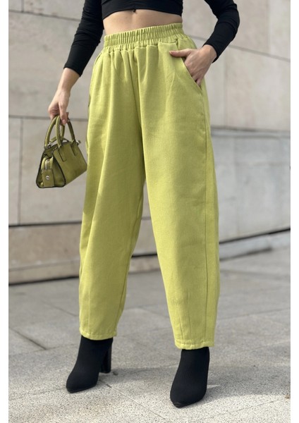 Kadın Yag Yeşili Yüksek Bel, Cepli, Beli Lastikli, Salaş Gabardin Pantolon modelleri