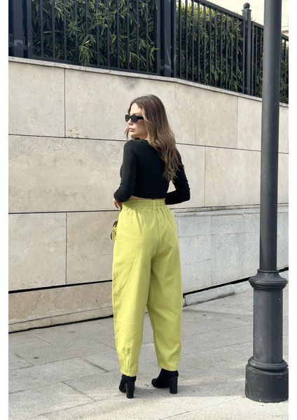 Kadın Yag Yeşili Yüksek Bel, Cepli, Beli Lastikli, Salaş Gabardin Pantolon fırsatları