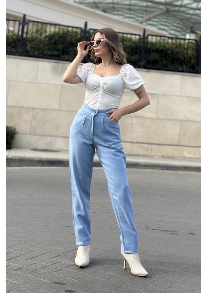 Kadın Bebe Mavi Yüksek Bel, Kaşe Kumaş, Rahat Kalıp, Regular Kesim, Pliseli, Cepli Pantolon modelleri