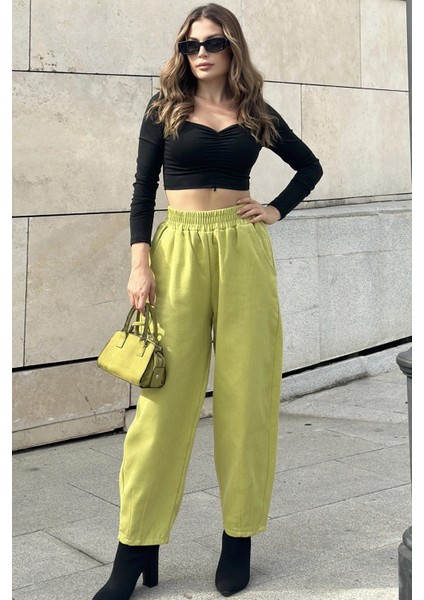 Kadın Yag Yeşili Yüksek Bel, Cepli, Beli Lastikli, Salaş Gabardin Pantolon