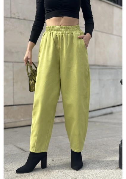 Kadın Yag Yeşili Yüksek Bel, Cepli, Beli Lastikli, Salaş Gabardin Pantolon fiyatları
