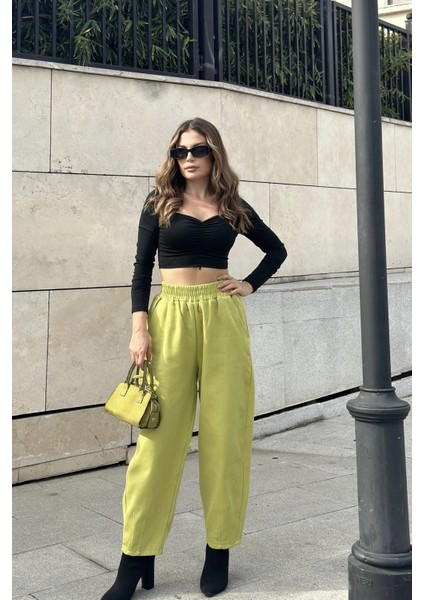 Kadın Yag Yeşili Yüksek Bel, Cepli, Beli Lastikli, Salaş Gabardin Pantolon indirimleri