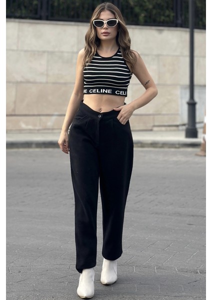 Kadın Siyah Yüksek Bel, Kaşe Kumaş, Rahat Kalıp, Regular Kesim, Pliseli, Cepli Pantolon