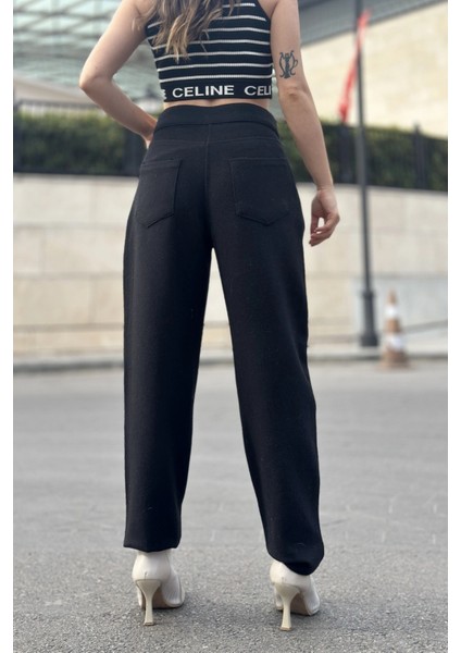 Kadın Siyah Yüksek Bel, Kaşe Kumaş, Rahat Kalıp, Regular Kesim, Pliseli, Cepli Pantolon modelleri