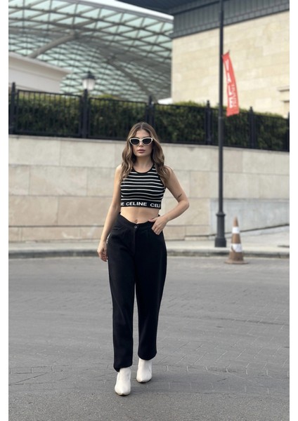 Kadın Siyah Yüksek Bel, Kaşe Kumaş, Rahat Kalıp, Regular Kesim, Pliseli, Cepli Pantolon fırsatları