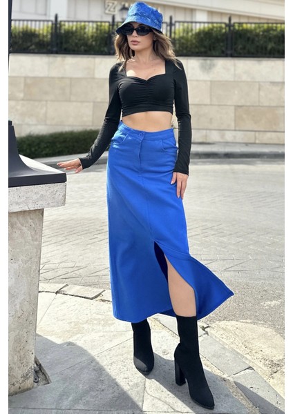 Kadın Saks Önü Yarım Yırtmaçlı, Yüksek Bel, Cepli Uzun Gabardin Etek