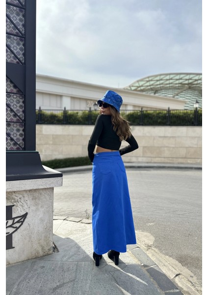 Kadın Saks Önü Yarım Yırtmaçlı, Yüksek Bel, Cepli Uzun Gabardin Etek fiyatları