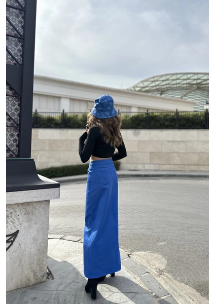 Kadın Saks Önü Yarım Yırtmaçlı, Yüksek Bel, Cepli Uzun Gabardin Etek modelleri