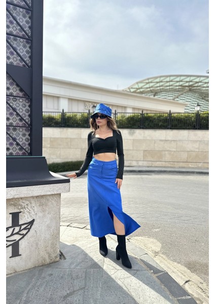 Kadın Saks Önü Yarım Yırtmaçlı, Yüksek Bel, Cepli Uzun Gabardin Etek fırsatları