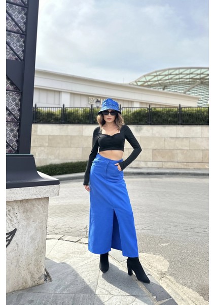 Kadın Saks Önü Yarım Yırtmaçlı, Yüksek Bel, Cepli Uzun Gabardin Etek indirimleri