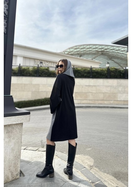 Kadın Siyah Kapüşonlu, Ön ve Arkası Farklı Renk, Kanguru Cepli, Salaş-Oversize Elbise modelleri