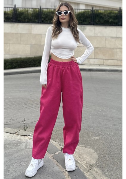 Kadın Pembe Yüksek Bel, Cepli, Beli Lastikli, Salaş Gabardin Pantolon