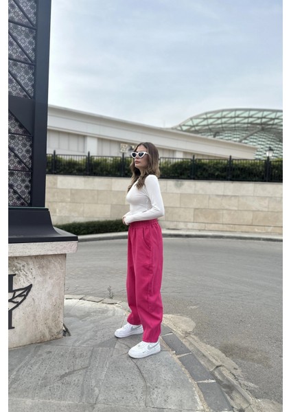 Kadın Pembe Yüksek Bel, Cepli, Beli Lastikli, Salaş Gabardin Pantolon modelleri