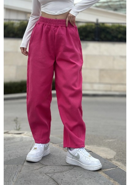 Kadın Pembe Yüksek Bel, Cepli, Beli Lastikli, Salaş Gabardin Pantolon fırsatları