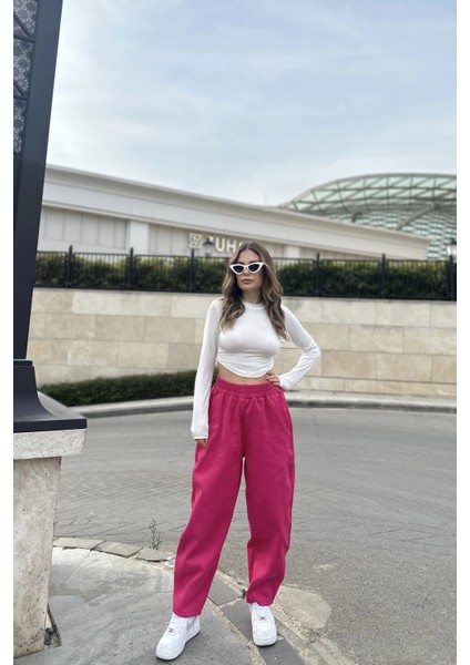 Kadın Pembe Yüksek Bel, Cepli, Beli Lastikli, Salaş Gabardin Pantolon indirimleri