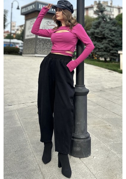 Kadın Siyah Yüksek Bel, Cepli, Beli Lastikli, Salaş Gabardin Pantolon