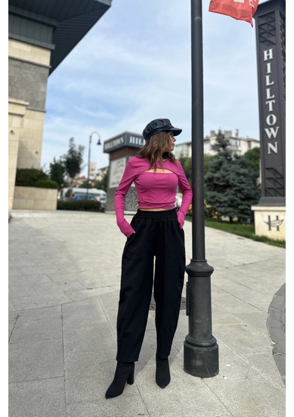 Kadın Siyah Yüksek Bel, Cepli, Beli Lastikli, Salaş Gabardin Pantolon fiyatları