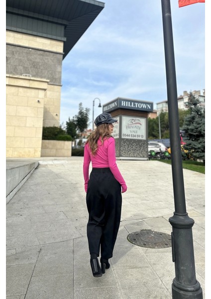 Kadın Siyah Yüksek Bel, Cepli, Beli Lastikli, Salaş Gabardin Pantolon modelleri