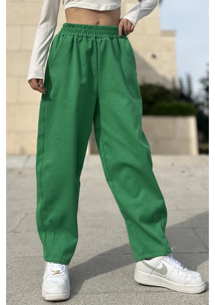 Kadın Yeşil Yüksek Bel, Cepli, Beli Lastikli, Salaş Gabardin Pantolon modelleri