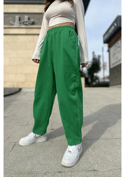 Kadın Yeşil Yüksek Bel, Cepli, Beli Lastikli, Salaş Gabardin Pantolon fırsatları