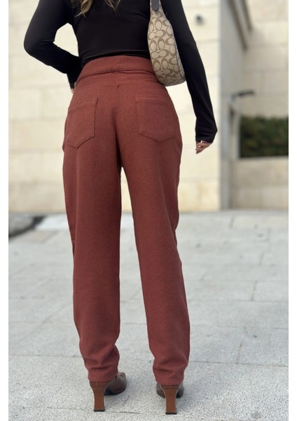 Kadın Kiremit Yüksek Bel, Kaşe Kumaş, Rahat Kalıp, Regular Kesim, Pliseli, Cepli Pantolon fiyatları