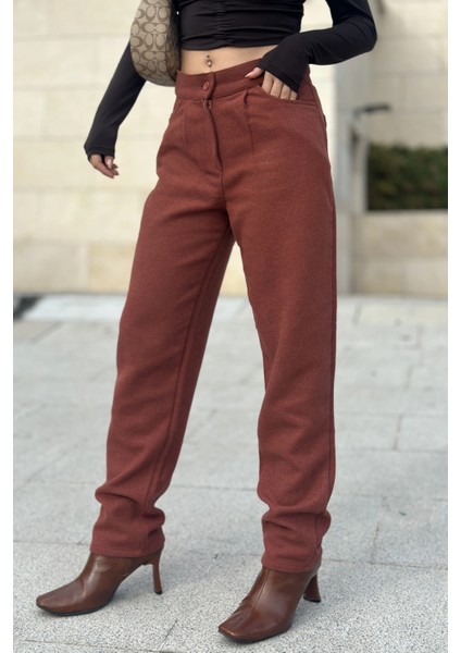 Kadın Kiremit Yüksek Bel, Kaşe Kumaş, Rahat Kalıp, Regular Kesim, Pliseli, Cepli Pantolon modelleri