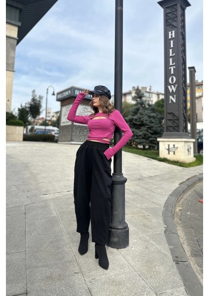 Kadın Siyah Yüksek Bel, Cepli, Beli Lastikli, Salaş Gabardin Pantolon fırsatları