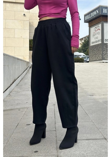 Kadın Siyah Yüksek Bel, Cepli, Beli Lastikli, Salaş Gabardin Pantolon indirimleri