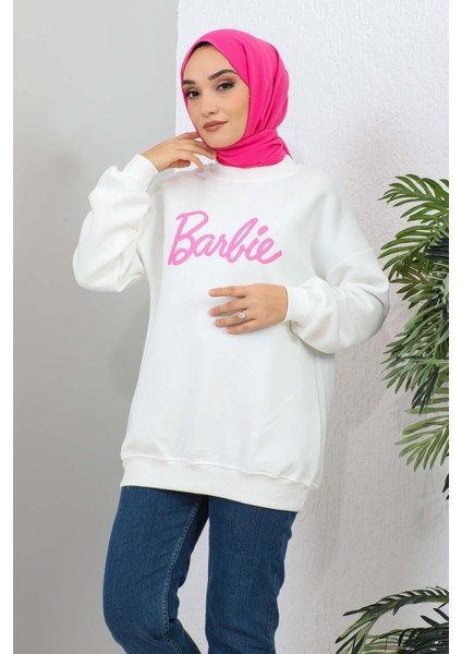 İmaj Butik Krem Barbie Baskılı Üç Iplik Sweatshirt