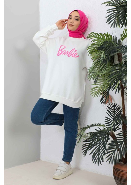 İmaj Butik Krem Barbie Baskılı Üç Iplik Sweatshirt