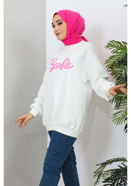 İmaj Butik Krem Barbie Baskılı Üç Iplik Sweatshirt