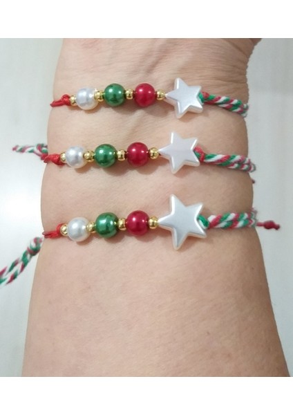 Üç Adet Kırmızı Yeşil Beyaz Marteniçka Ipli Yıldızlı Nazar Boncuklu Yılbaşı Bileklik