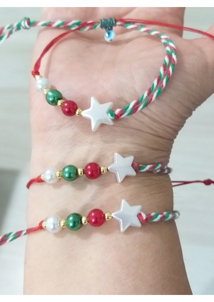 Üç Adet Kırmızı Yeşil Beyaz Marteniçka Ipli Yıldızlı Nazar Boncuklu Yılbaşı Bileklik modelleri