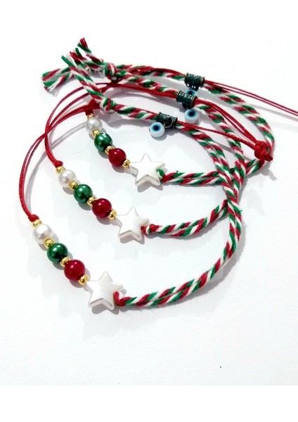 Üç Adet Kırmızı Yeşil Beyaz Marteniçka Ipli Yıldızlı Nazar Boncuklu Yılbaşı Bileklik fırsatları