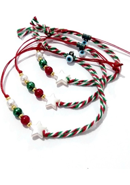 Üç Adet Kırmızı Yeşil Beyaz Marteniçka Ipli Yıldızlı Nazar Boncuklu Yılbaşı Bileklik indirimleri